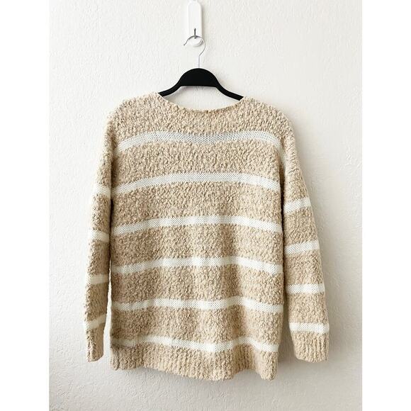 Calvin Klein Women's Chunky Oversized Boyfriend Beige Cream Striped Sweater Cozy - Picture 3 of 6